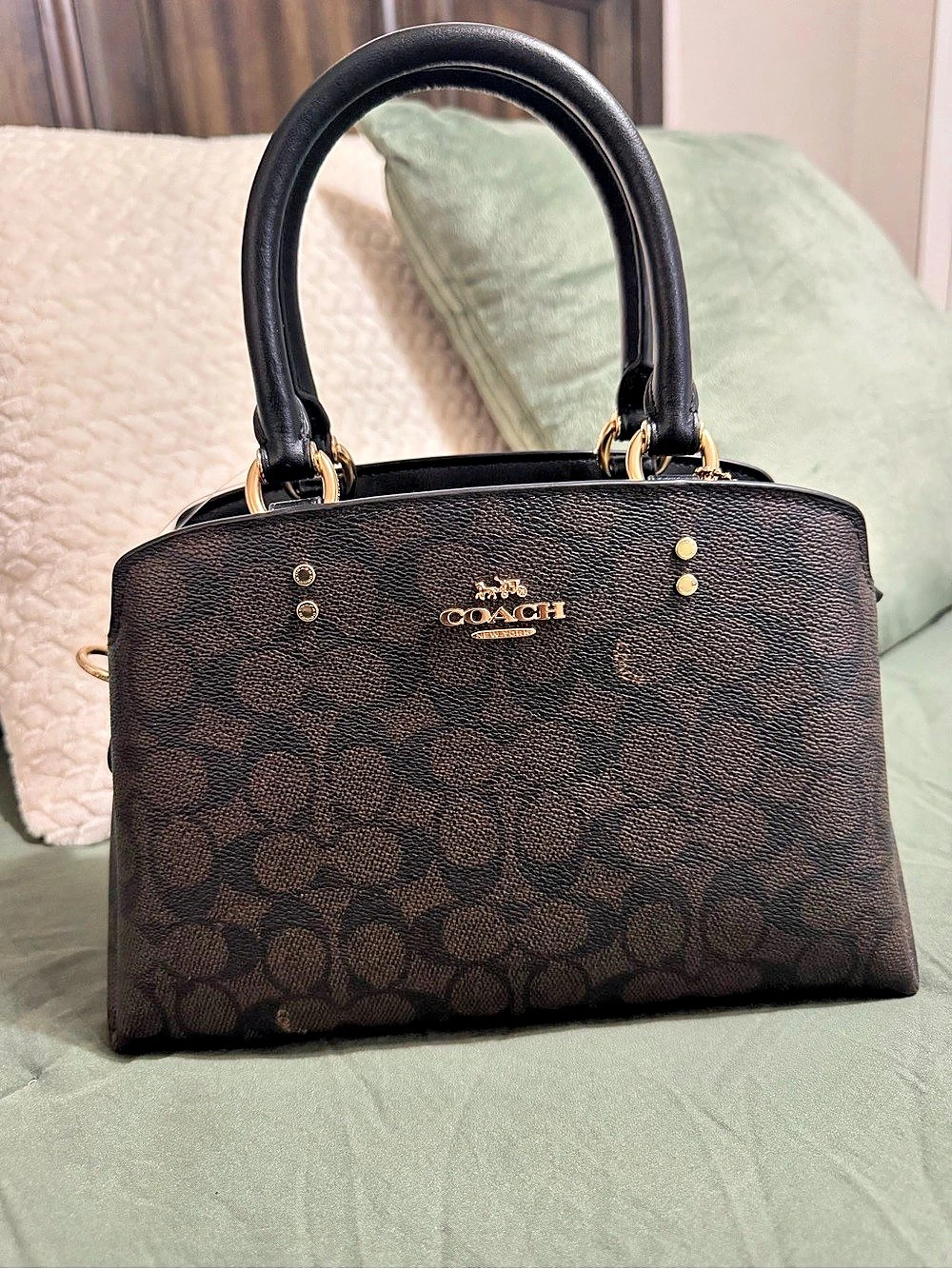 Coach Mini Lillie Carryall in Signature Canvas IM/Walnut Black Satchel Brown